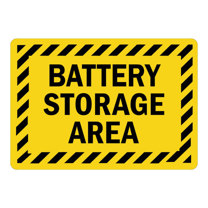 Warning: Battery Charging Area Sign: Battery Storage Area Sign Sticker with bold black text on yellow background and black and yellow hazard stripe border