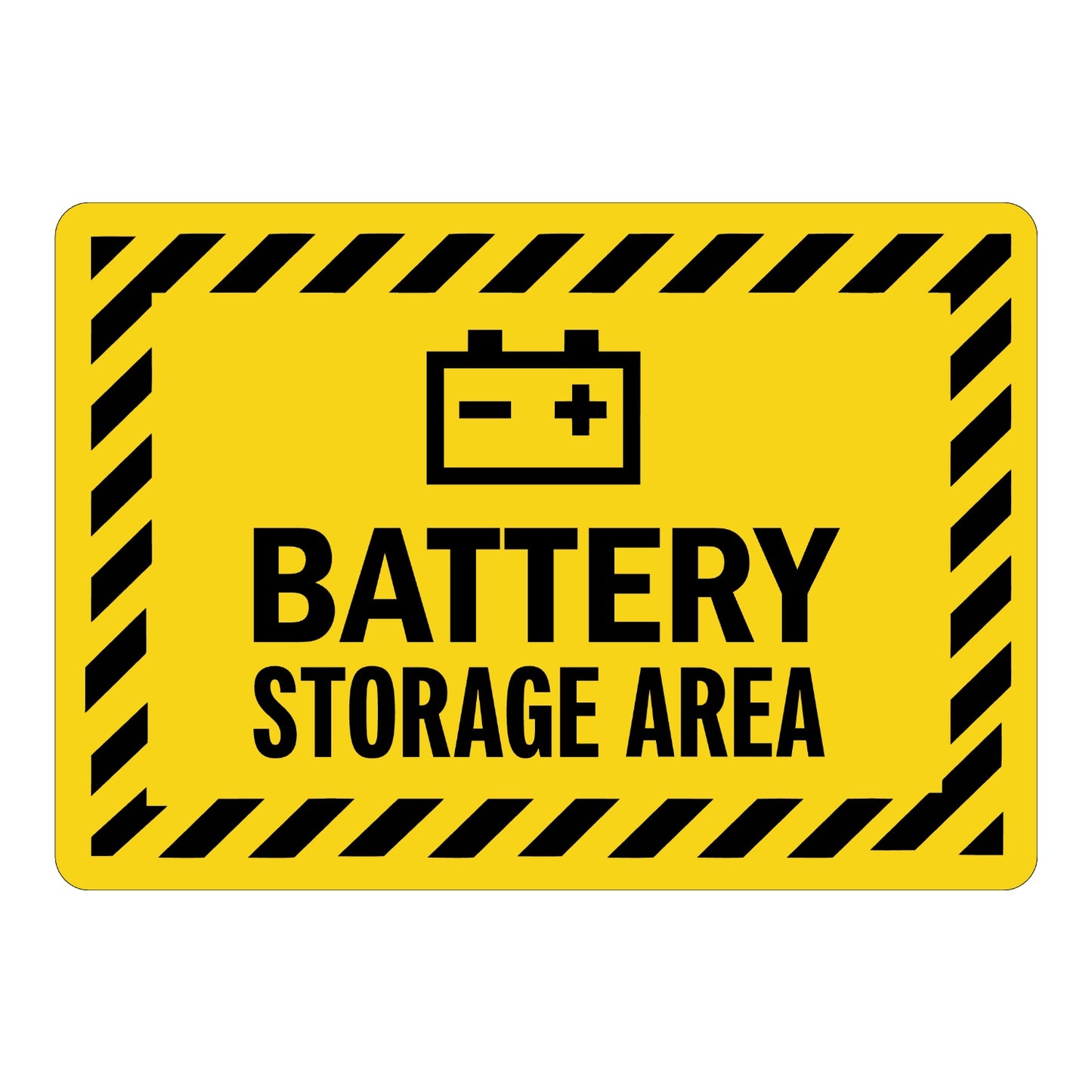 Warning: Battery Charging Area Sign: Battery Storage Area (With Battery Graphic) Sign Sticker with bold black text, battery icon, and black and yellow hazard stripe border on yellow background