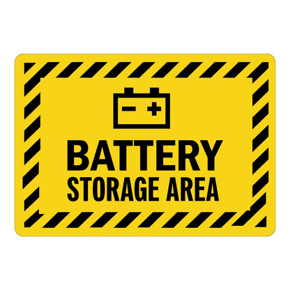 Warning: Battery Charging Area Sign: Battery Storage Area (With Battery Graphic) Sign Sticker with bold black text, battery icon, and black and yellow hazard stripe border on yellow background