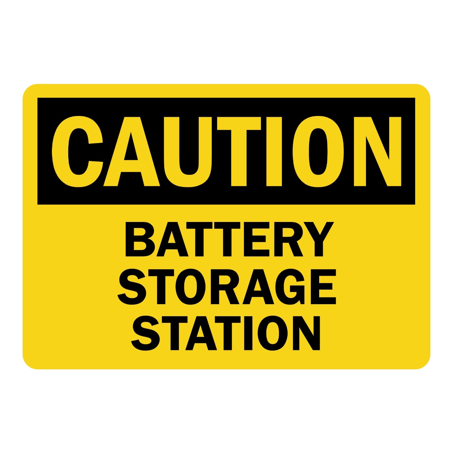 OSHA Caution: Battery Storage Station Sign Sticker with bold black header on yellow background and large black bold lettering below