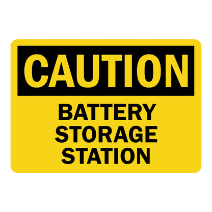 OSHA Caution: Battery Storage Station Sign Sticker with bold black header on yellow background and large black bold lettering below