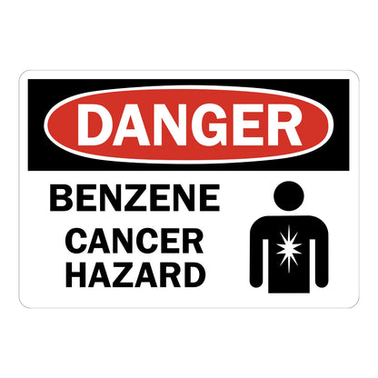 OSHA Danger: Benzene Cancer Hazard (With Graphic) Sign Sticker with black header, red oval DANGER banner, human figure hazard icon, for benzene cancer hazard warning