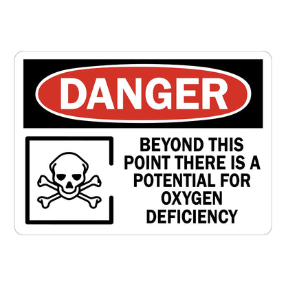 OSHA Danger Sign Sticker with skull and crossbones icon and text warning beyond this point there is a potential for oxygen deficiency hazard