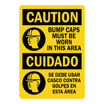 Bilingual OSHA Caution: Bump Caps Must Be Worn In This Area Sign Sticker in English and Spanish with black hard hat icons on a yellow background, PPE zones