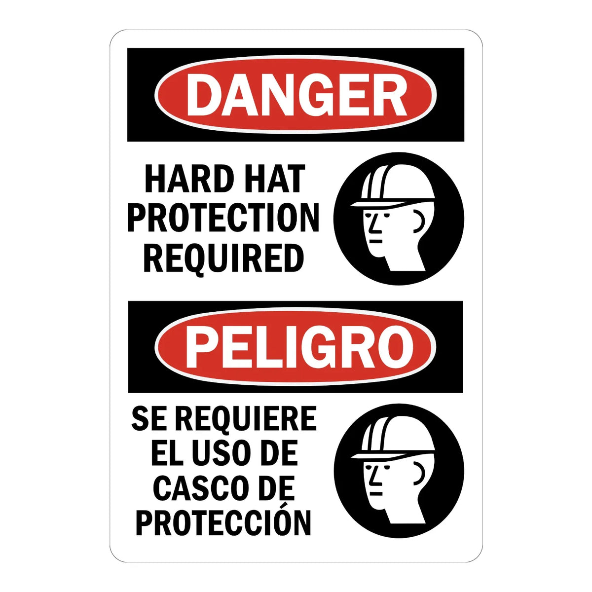 Bilingual OSHA Danger: Bilingual OSHA Danger Sign: Bilingual Hard Hat Required Sign Sticker in English and Spanish with a red oval header and hard hat icon