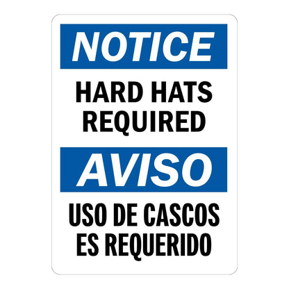 Bilingual OSHA Notice: Hard Hats Required Sign Sticker in English and Spanish with blue headers on a white background, ideal for construction job site entrances