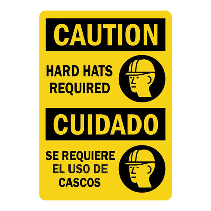Bilingual OSHA Caution: Hard Hats Required Sign Sticker in English and Spanish with black hard hat icons on a yellow background, ideal for job site entrances