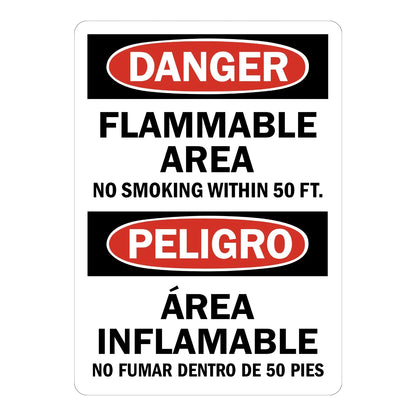 Bilingual Danger: Flammable Area No Smoking Within 50 Ft sign sticker with bold white text in red ovals on black, in English and Spanish, ideal for OSHA compliance.
