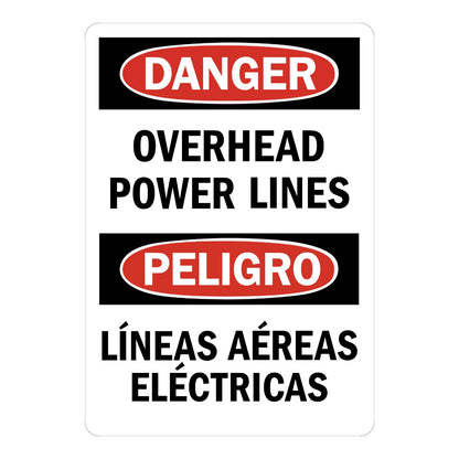 Bilingual OSHA Danger: Overhead Power Lines Sign Sticker with black background, red oval headers reading Danger and Peligro, and bold black bilingual warning text