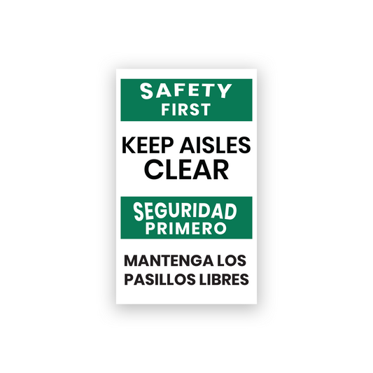 Bilingual Safety First Keep Aisles Clear Sign Stickers