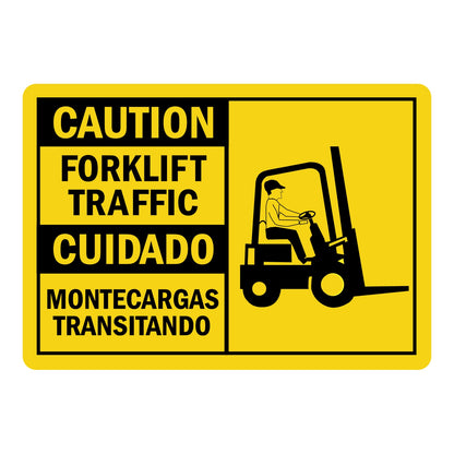 Bilingual yellow and black CAUTION sign sticker with forklift operator graphic reading "CAUTION FORKLIFT TRAFFIC" in English and "CUIDADO MONTECARGAS TRANSITANDO" in Spanish, for warehouse and industrial safety use.