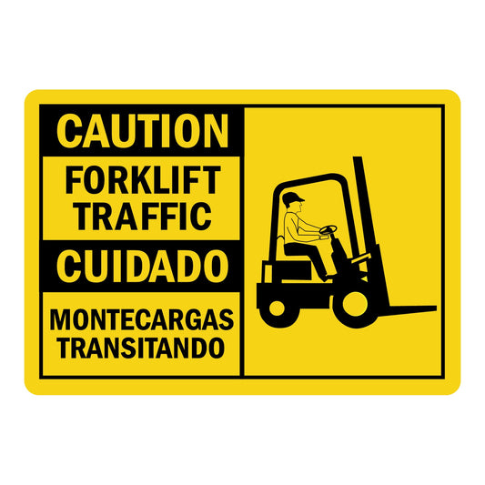 Bilingual Caution Forklift Traffic Montecargas Transitando Sign Stickers with Graphic