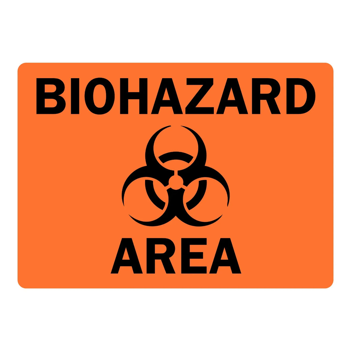 Warning Biohazard: Biohazard Area (With Graphic) Sign Sticker with orange background, bold black text, black biohazard trefoil symbol, for restricted zones
