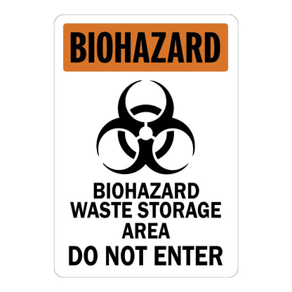 Warning: Biohazard Waste Storage Area - Do Not Enter (With Graphic) Sign Sticker with orange BIOHAZARD header, biohazard trefoil symbol, bold black text throughout