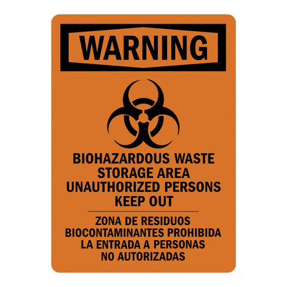 Bilingual OSHA Warning: Biohazardous Waste Storage Area Unauthorized Persons Keep Out Sign Sticker with black chevron header, orange background, biohazard symbol