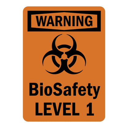 OSHA Warning: Biosafety Level 1 Sign Sticker with black chevron header, orange background, biohazard trefoil symbol, bold black text, for lab hazard zone marking