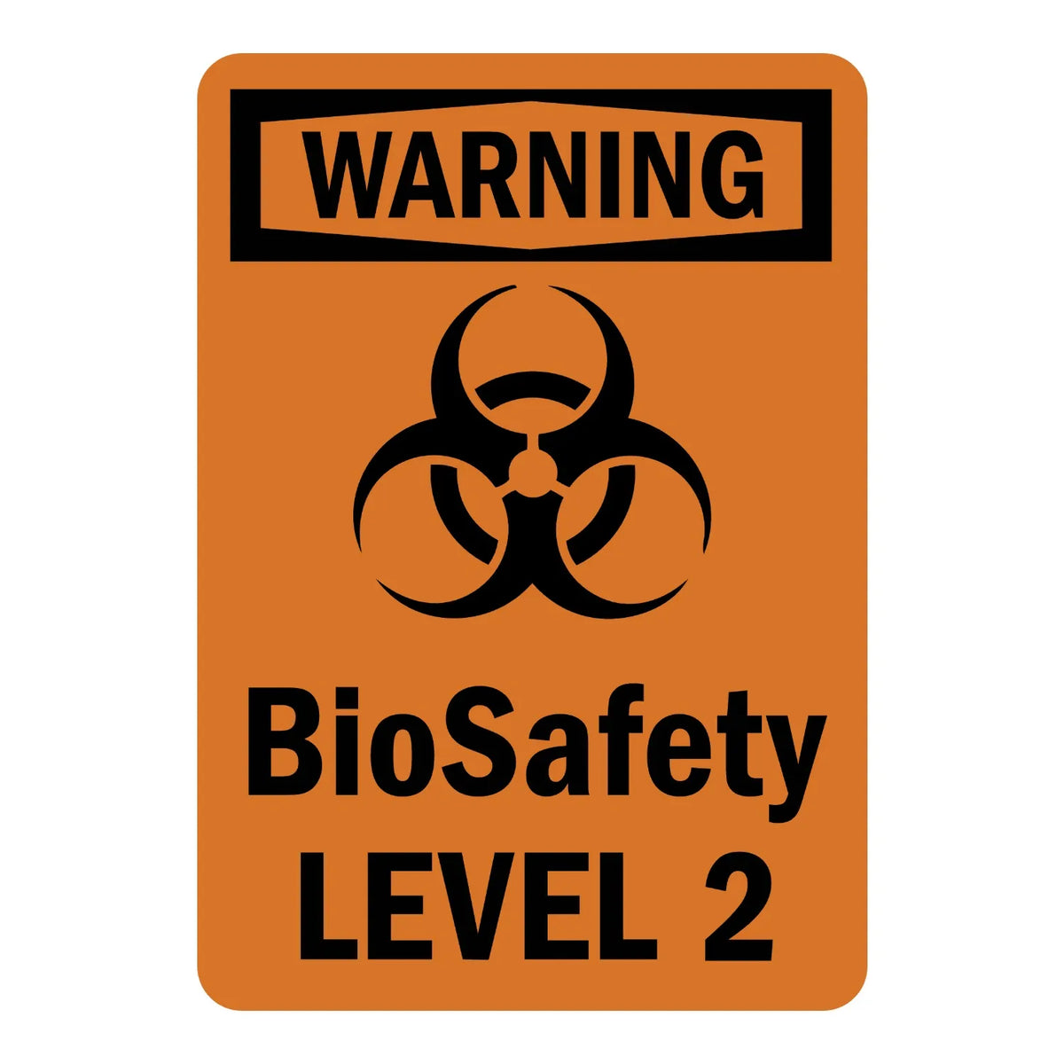 OSHA Warning: Biosafety Level 2 Sign Sticker with black chevron header, orange background, biohazard trefoil symbol, bold black text, for lab hazard zone marking