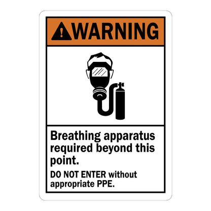 ANSI Warning: Breathing Apparatus Required Beyond This Point, Do Not Enter Without Appropriate PPE sign stickers: orange WARNING bar, breathing mask icon shown.