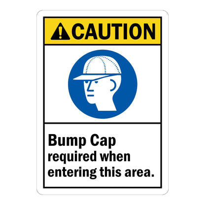 ANSI Caution: Bump Cap Required When Entering This Area sign stickers: yellow CAUTION header, blue circular bump cap icon, bold black instructional text below.