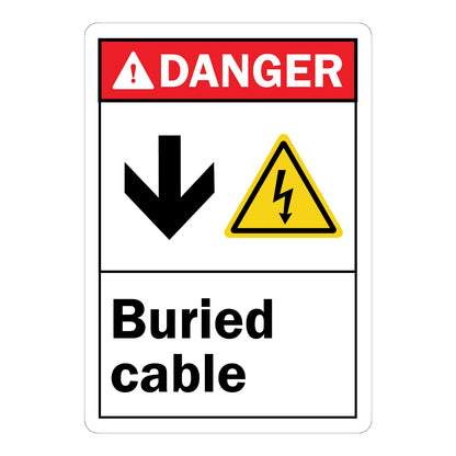 ANSI Danger: Buried Cable Sign Sticker with red DANGER header, white body, downward arrow, and yellow shock hazard triangle icon, marks location of buried electric cable.