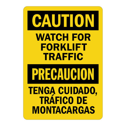 Bilingual yellow caution sign sticker with black text reading "Watch For Forklift Traffic" and Spanish translation "Tenga Cuidado, Tráfico De Montacargas" for warehouse forklift safety