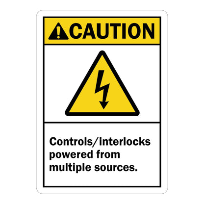 ANSI Caution: Controls/Interlocks Powered From Multiple Sources (With Electrocution Symbol) Sign Stickers with yellow header and black lightning bolt hazard icon on white background.
