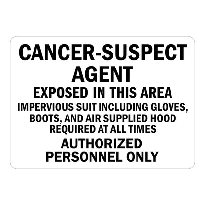 Warning: Cancer-Suspect Agent Exposed In This Area Sign Sticker with bold black text on white background, no color header, marking PPE-required hazard zones