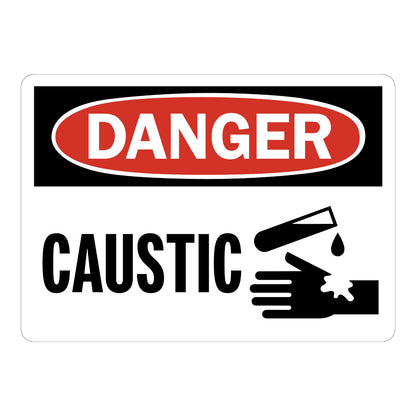 OSHA Danger Caustic Sign Sticker with white background, red and black DANGER header, bold CAUSTIC text, and graphic of corrosive liquid burning a hand