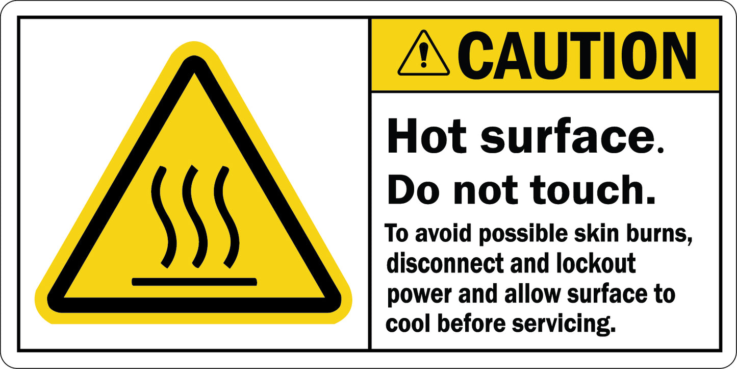 ANSI Caution Hot Surface Do Not Touch Sign Sticker featuring a yellow caution header, heat waves triangle symbol, and skin burn prevention lockout and cooldown instruction text.
