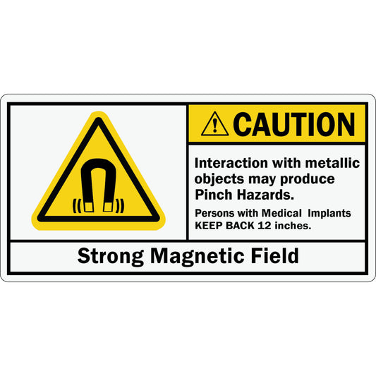 ANSI Caution Label: Interaction With Metallic Objects May Produce Pinch Hazards - Strong Magnetic Field (with Symbol)