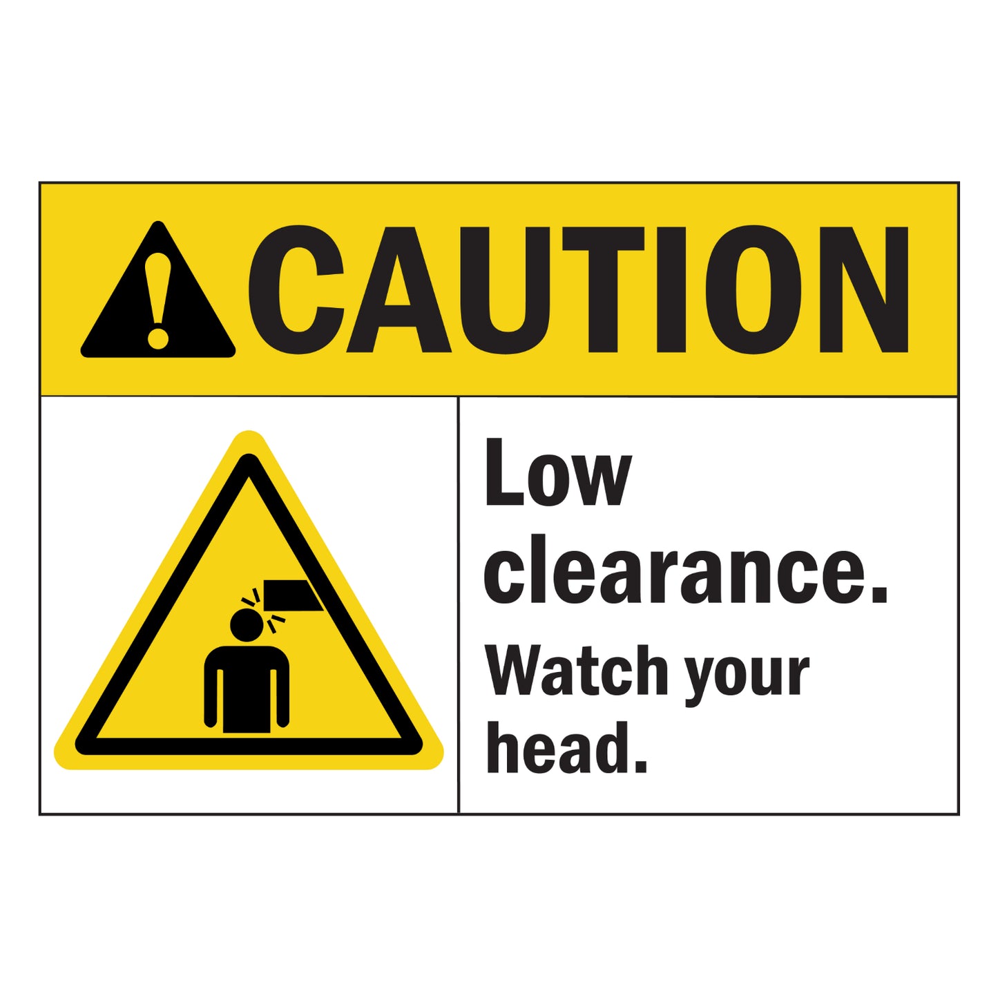 ANSI Caution Low Clearance Watch Your Head Sign Sticker featuring a yellow caution header, person hitting head triangle symbol, and bold head injury warning text.