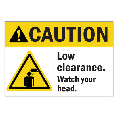 ANSI Caution Low Clearance Watch Your Head Sign Sticker featuring a yellow caution header, person hitting head triangle symbol, and bold head injury warning text.