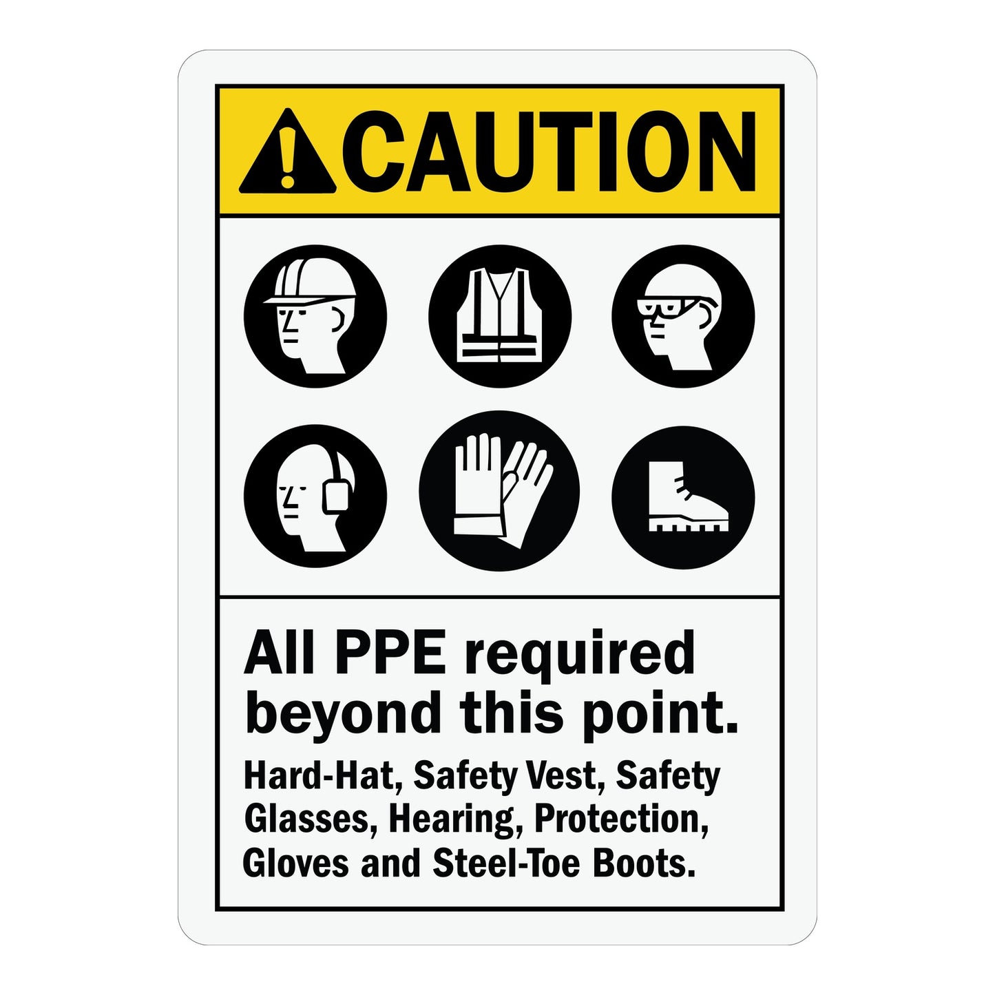 ANSI Caution All PPE Required Beyond This Point Sign Sticker displaying six equipment icons including hard hat, safety vest, glasses, hearing protection, gloves, and steel-toe boots.