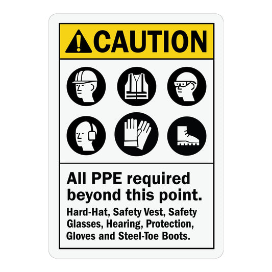ANSI Caution All PPE Required Beyond This Point Sign Stickers Hard Hat Safety Vest Glasses Hearing Protection sign stickers