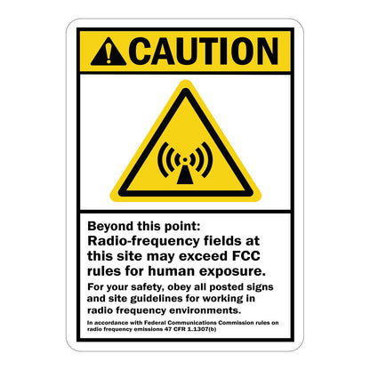 ANSI Caution Radio Frequency Fields Sign Sticker featuring a yellow RF emission triangle symbol, FCC human exposure warning, and site safety guidelines for radio frequency environments.