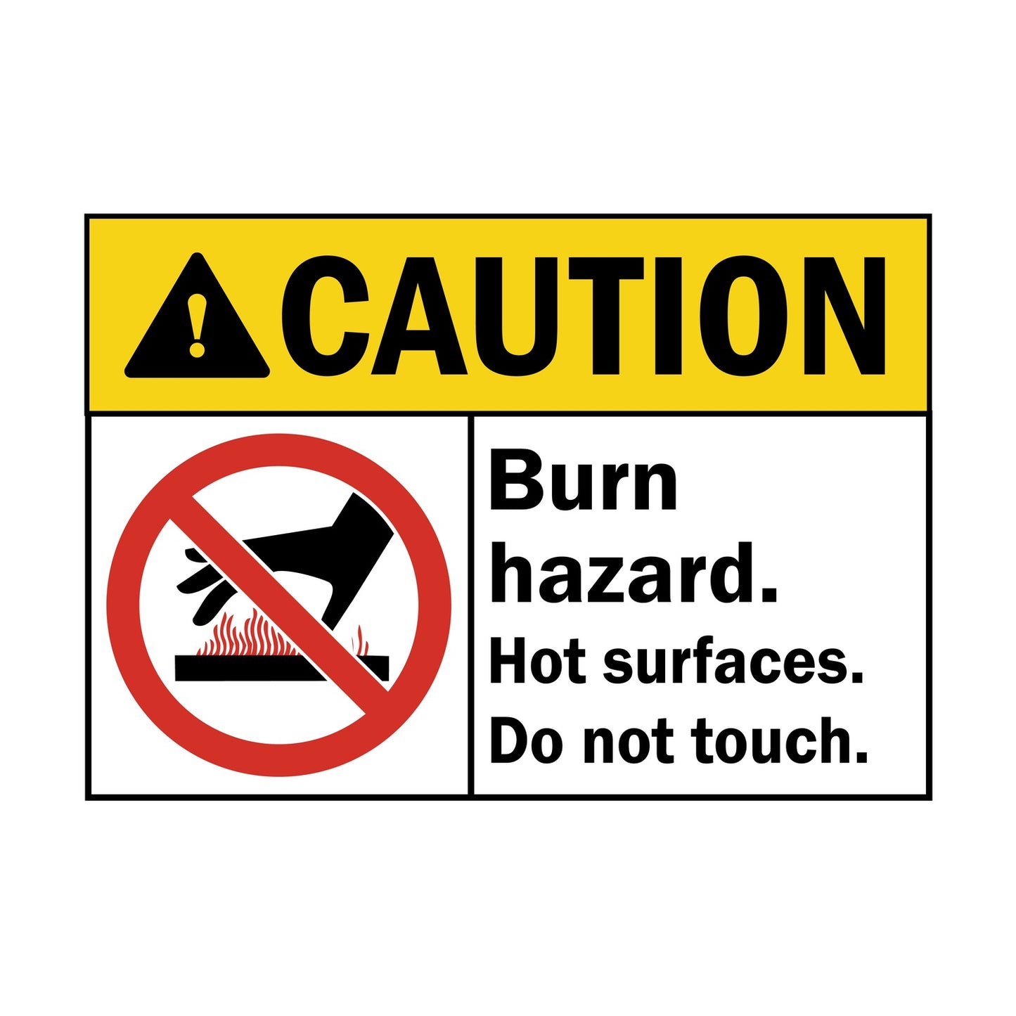 ANSI Caution Burn Hazard Hot Surfaces Do Not Touch Sign Sticker featuring a yellow caution header, red prohibition symbol over hand and foot touching flames graphic, and bold warning text