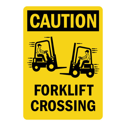 Yellow and black SLOW sign sticker with bold text reading "FORKLIFT CROSSING" for warehouse and industrial safety use.
