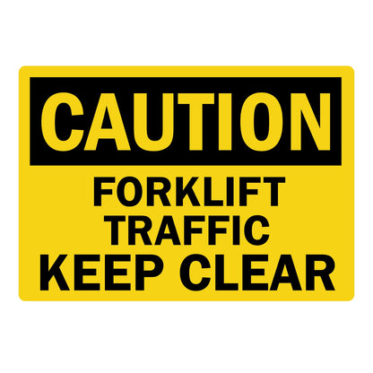 Yellow and black CAUTION sign sticker with bold text reading "FORKLIFT TRAFFIC KEEP CLEAR" for warehouse and industrial safety use.