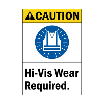 ANSI Caution Hi-Vis Wear Required Sign Sticker featuring a yellow caution header, blue mandatory high-visibility vest icon, and bold requirement warning text.
