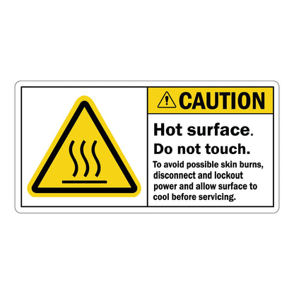 ANSI Caution Hot Surface Do Not Touch Sign Sticker featuring a yellow caution header, heat waves triangle symbol, and skin burn prevention lockout and cooldown instruction text.