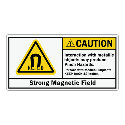 ANSI Caution Strong Magnetic Field Sign Sticker with a yellow triangle magnet symbol, pinch hazard warning text, and medical implants keep back 12 inches notice
