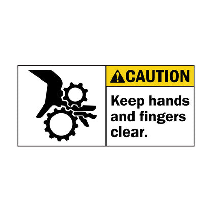 ANSI Caution Keep Hands And Fingers Clear Sign Sticker featuring a yellow caution header, gear pinch point hand entanglement symbol, and bold hands and fingers clear warning text.