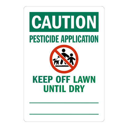 Caution Pesticide Application, Keep Off Lawn Until Dry sign stickers, green header banner, no-entry icon of adult, child and dog, blank green fill-in lines below.