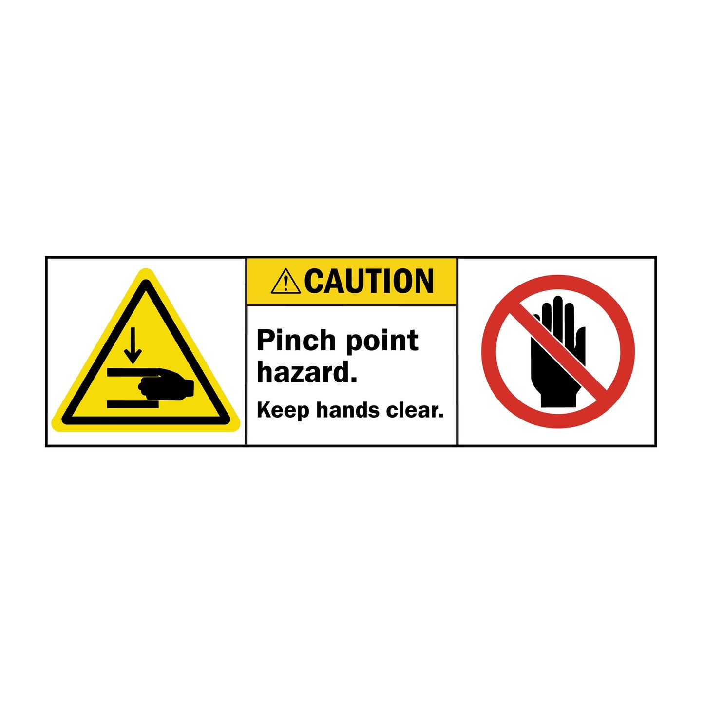 ANSI Caution Pinch Point Hazard Keep Hands Clear Sign Sticker featuring a yellow crush hazard triangle symbol, yellow caution header, and red do not touch prohibition symbol.