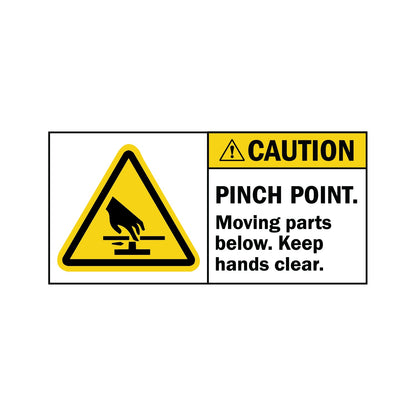 ANSI Caution Pinch Point Moving Parts Below Keep Hands Clear Sign Sticker featuring a yellow caution header, hand crush triangle symbol, and bold moving parts hands clear warning text