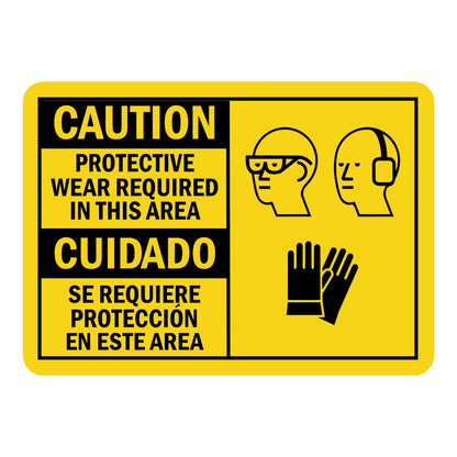 Bilingual Caution: Protective Wear Required in This Area sign sticker featuring English and Spanish text, yellow background, three black PPE icons shown.