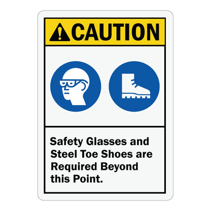 ANSI Caution Safety Glasses And Steel Toe Shoes Required Beyond This Point Sign Sticker featuring a yellow caution header, two blue mandatory PPE icons, and bold requirement warning text