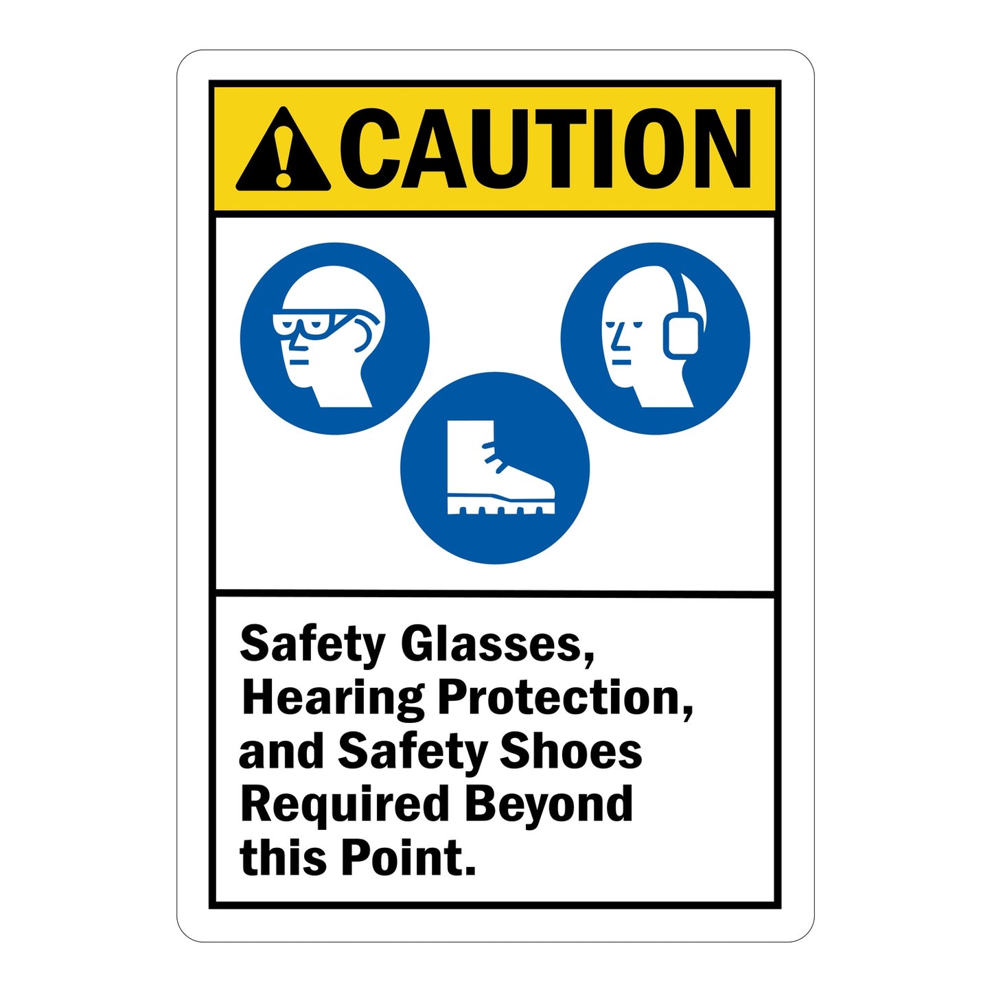 ANSI Caution Safety Glasses Hearing Protection And Safety Shoes Required Beyond This Point Sign Sticker featuring a yellow caution header, three blue mandatory PPE icons, and bold requirement text.
