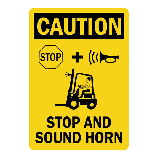 Caution Stop And Sound Horn Sign Stickers with Horn and Forklift Graphic