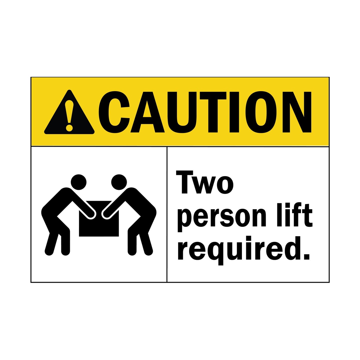 ANSI Caution Two Person Lift Required Sign Sticker featuring a yellow caution header, two figures lifting a box symbol, and bold team lift requirement warning text